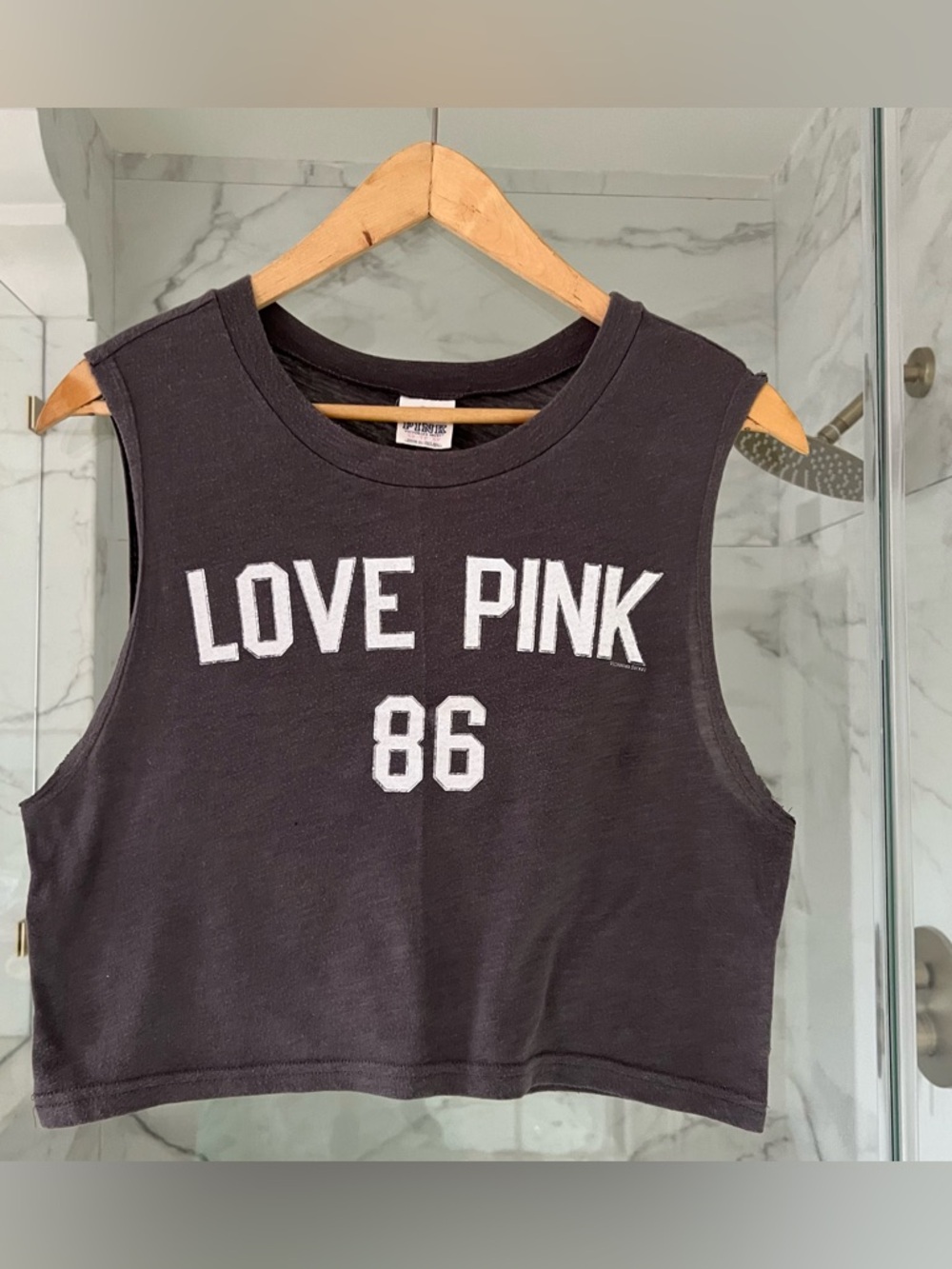 PINK Victoria's Secret Black Cropped Muscle Tank with White Lettering